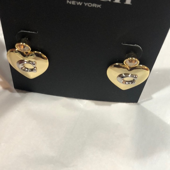 Coach gold plated puffy heart shape citrine gemstone look dangling stud earrings - Picture 6 of 14